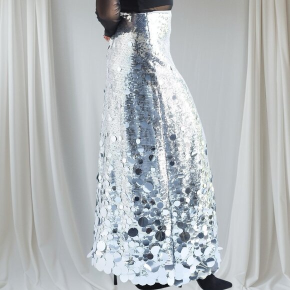 Women Midi Skirt Full Sequin Silver Size 2XL Tall Lined Decorated Mid Rise - Picture 6 of 14
